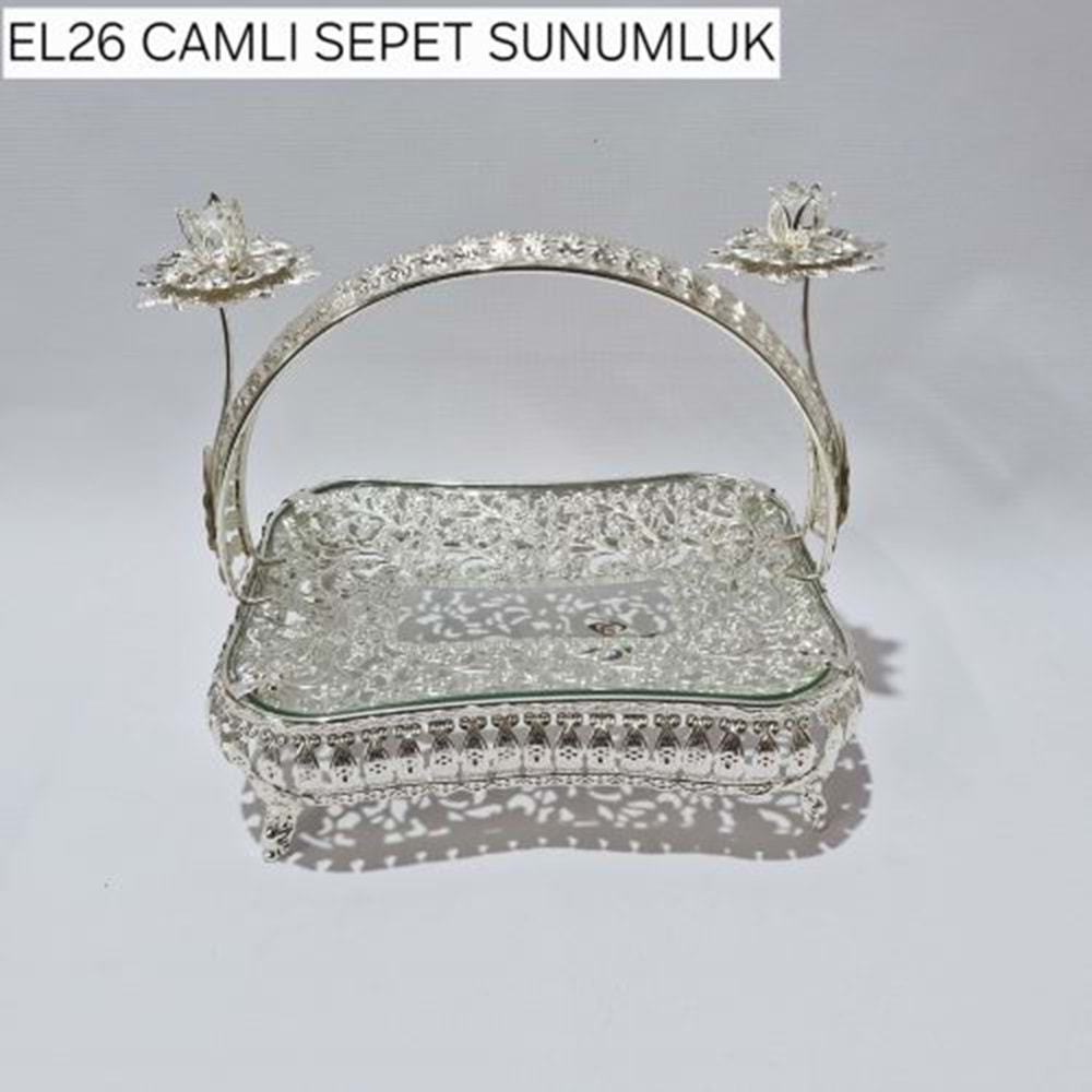 EL26 METAL GÜMÜŞ CAMLI SEPET SUNUMLUK