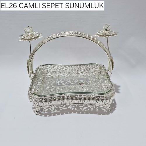 EL26 METAL GÜMÜŞ CAMLI SEPET SUNUMLUK
